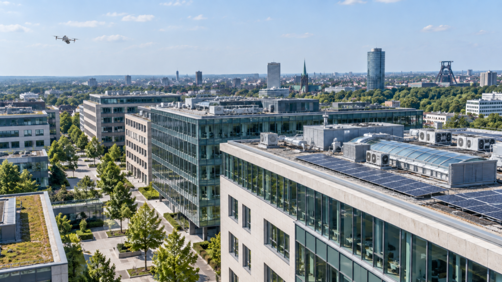 Drohne dokumentiert Dach und Fassade einer Gewerbeimmobilie in Essen