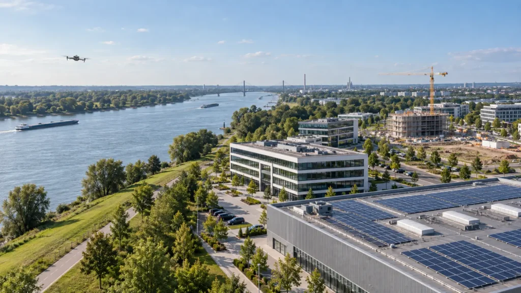 Drohne über Gewerbe- und Entwicklungsflächen in Monheim am Rhein