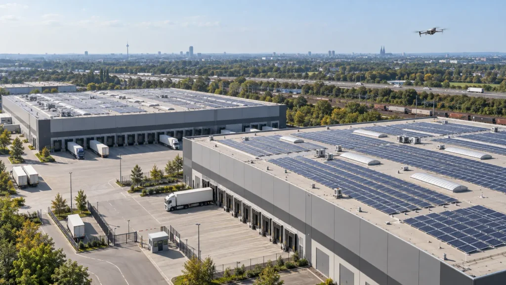 DJI Matrice 4T über einem Logistikdach mit Photovoltaikanlage in Langenfeld