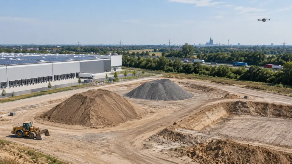 Drohne über einer Gewerbe-, Bau- und Materialfläche in Frechen